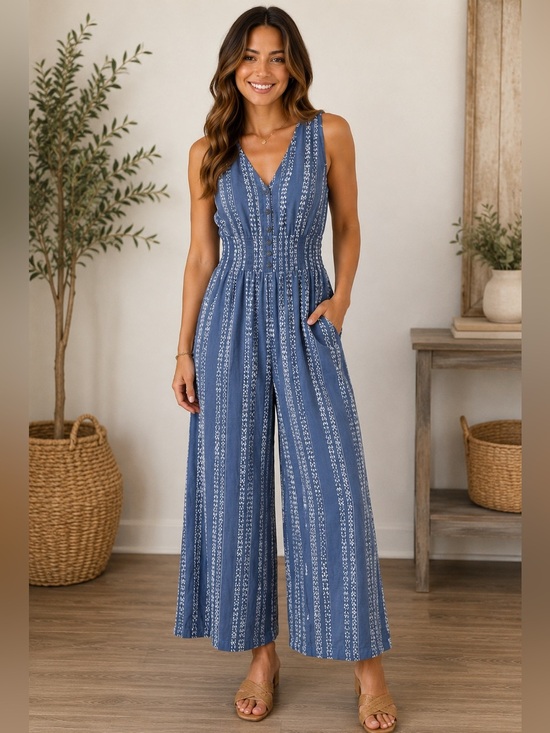 Japna Pants - Japna Blue Boho Print Sleeveless Wide Leg Jumpsuit Women’s Large